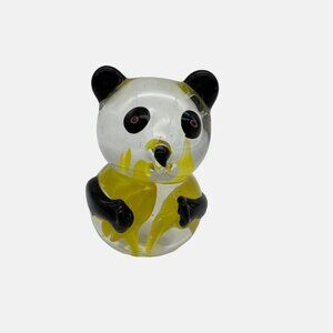 Handcrafted Art Glass Panda Bear Figurine Paperweight Clear Black Yellow 2.75"